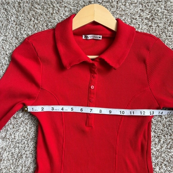 Zara Red Collared Ribbed Mini Dress Holiday Party Winter Casual Large - Picture 4 of 5